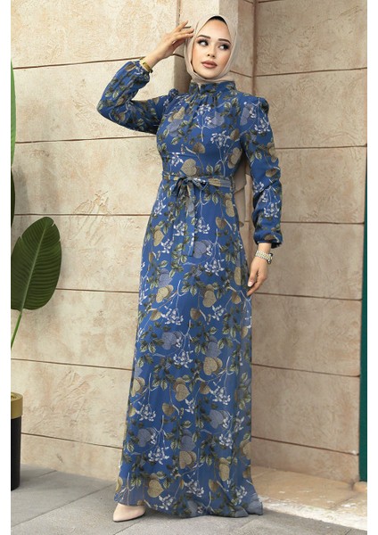 Çiçek Desenli İndigo Mavisi Tesettür Elbise 279327IM modelleri