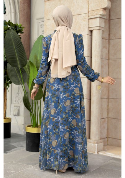 Çiçek Desenli İndigo Mavisi Tesettür Elbise 279327IM fırsatları