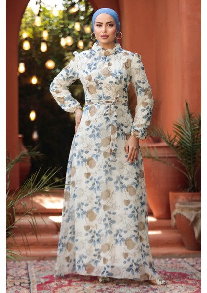 - Çiçek Desenli Ekru Tesettür Elbise 279327E