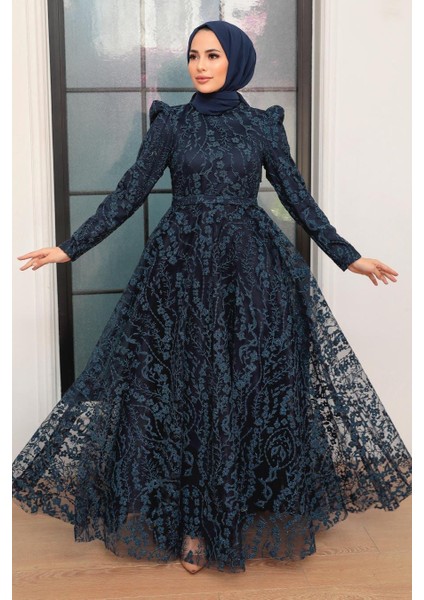 Tesettürlü Abiye Elbise Dantelli Lacivert Tesettür Abiye Elbise 22780L