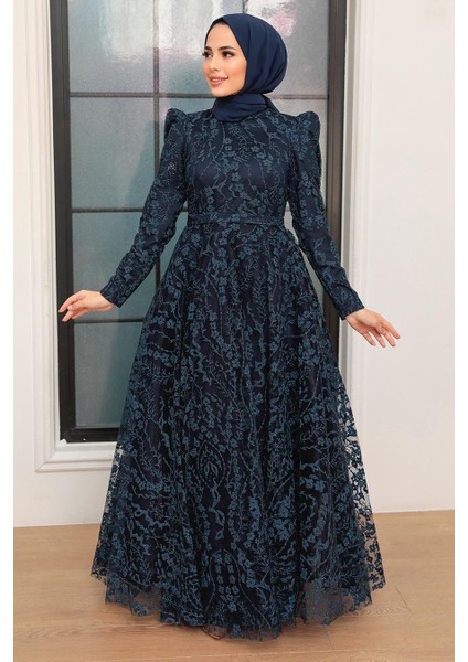Tesettürlü Abiye Elbise Dantelli Lacivert Tesettür Abiye Elbise 22780L fiyatları