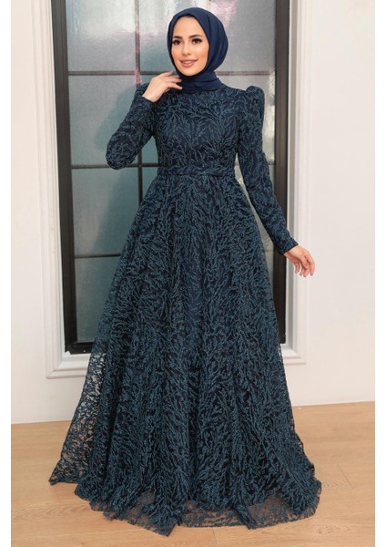 Tesettürlü Abiye Elbise Dantelli Lacivert Tesettür Abiye Elbise 22780L modelleri