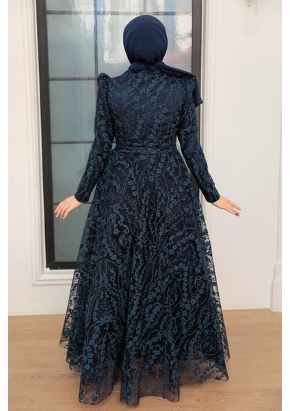 Tesettürlü Abiye Elbise Dantelli Lacivert Tesettür Abiye Elbise 22780L fırsatları