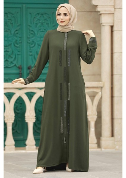 - Boncuk Detaylı Haki Tesettür Rabia Krep Ferace 616HK