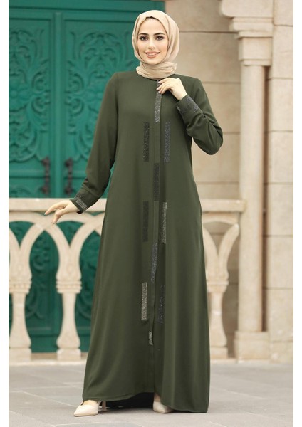 - Boncuk Detaylı Haki Tesettür Rabia Krep Ferace 616HK modelleri
