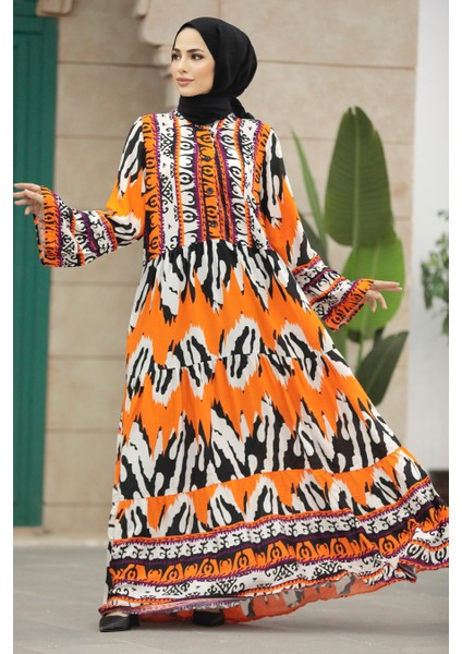 Çiçek Desenli Turuncu Tesettür Atlas Elbise 5037T