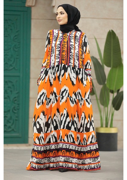 Çiçek Desenli Turuncu Tesettür Atlas Elbise 5037T fiyatları