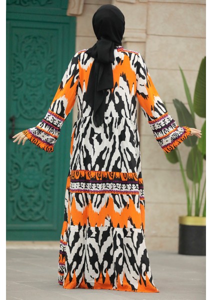 Çiçek Desenli Turuncu Tesettür Atlas Elbise 5037T indirimleri