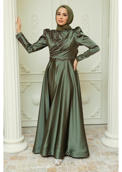 Boncuk Işlemeli Haki Saten Tesettür Abiye Elbise 2239HK