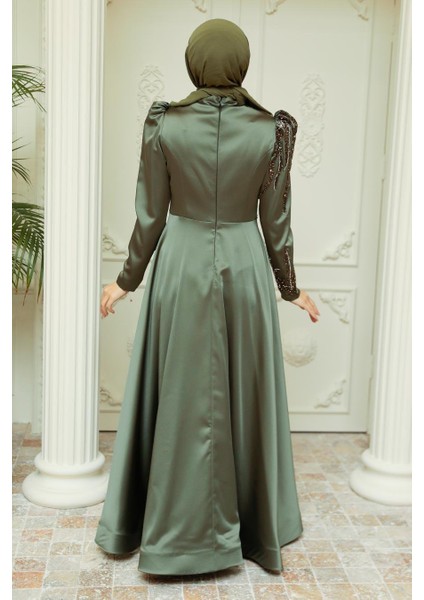 Boncuk Işlemeli Haki Saten Tesettür Abiye Elbise 2239HK fiyatları