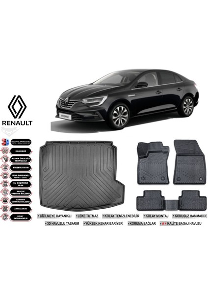 Renault Megane 4 2025 Model Sağ Kulak Bagaj Havuzu Araca Özel Siyah Extra Havuzlu Paspas Takımı