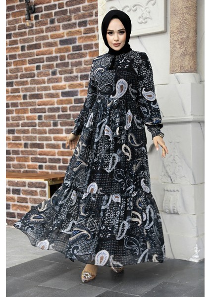 - Desenli Siyah Tesettür Elbise 33561S