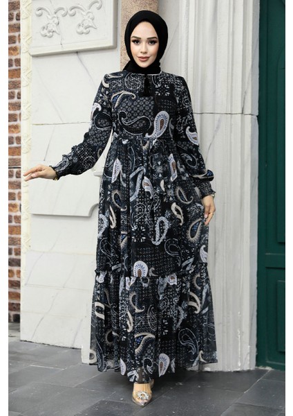 - Desenli Siyah Tesettür Elbise 33561S fiyatları