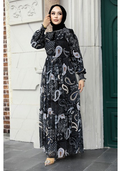 - Desenli Siyah Tesettür Elbise 33561S modelleri