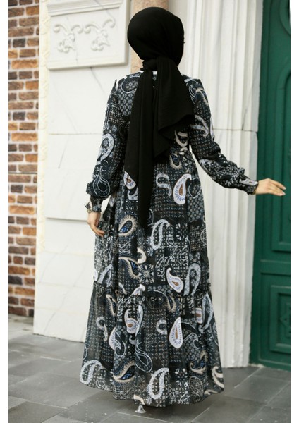 - Desenli Siyah Tesettür Elbise 33561S fırsatları