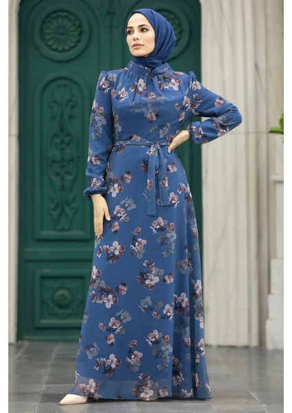 Çiçek Desenli İndigo Mavisi Tesettür Elbise 279317IM