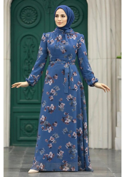 Çiçek Desenli İndigo Mavisi Tesettür Elbise 279317IM fiyatları