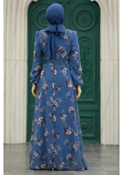 Çiçek Desenli İndigo Mavisi Tesettür Elbise 279317IM modelleri