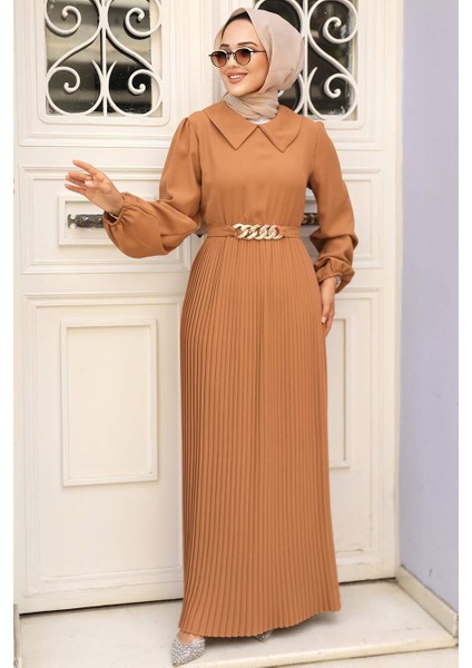 - Pileli Bisküvi Tesettür Elbise 34320BS