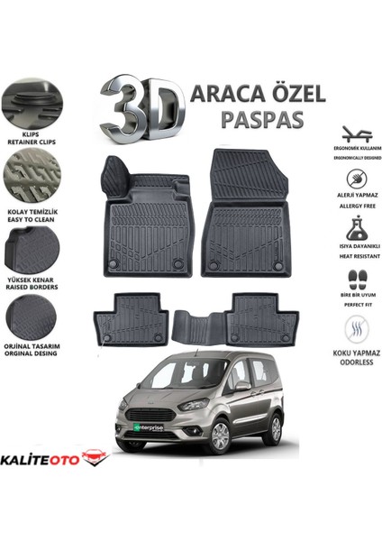 Ford Courier 2017 Model Tam Uyumlu Kokusuz 3D Havuzlu Paspas