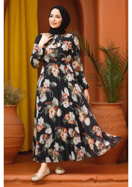 Çiçek Desenli Siyah Tesettür Elbise 50191S