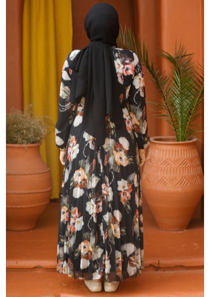 Çiçek Desenli Siyah Tesettür Elbise 50191S fiyatları