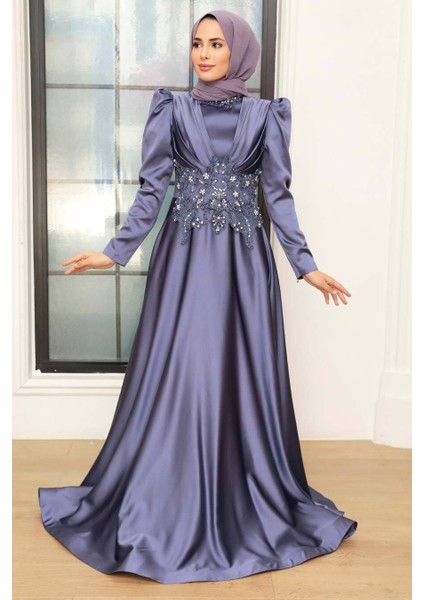 Boncuk İşlemeli Koyu Lila Saten Tesettür Abiye Elbise 22640KLILA