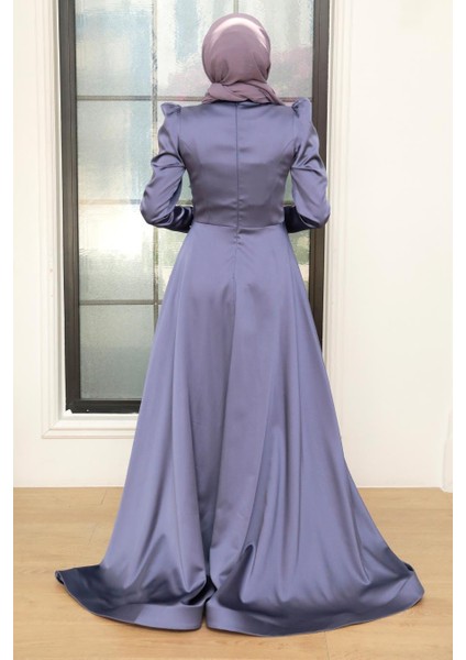 Boncuk İşlemeli Koyu Lila Saten Tesettür Abiye Elbise 22640KLILA fiyatları