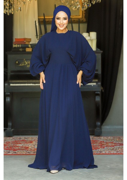 Tesettürlü Abiye Elbise - Balon Kol Lacivert Tesettür Abiye Elbise 60681L