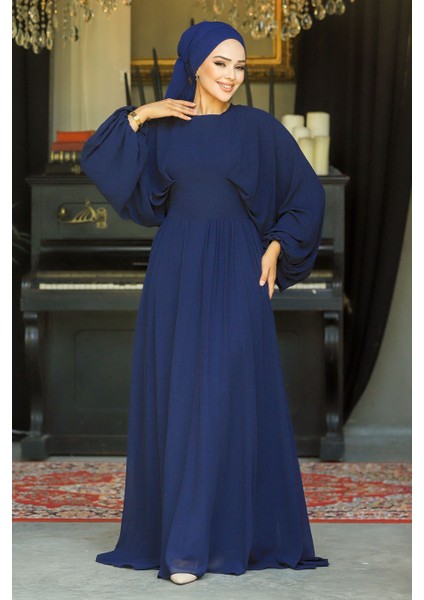 Tesettürlü Abiye Elbise - Balon Kol Lacivert Tesettür Abiye Elbise 60681L fiyatları