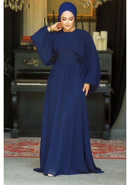 Tesettürlü Abiye Elbise - Balon Kol Lacivert Tesettür Abiye Elbise 60681L modelleri