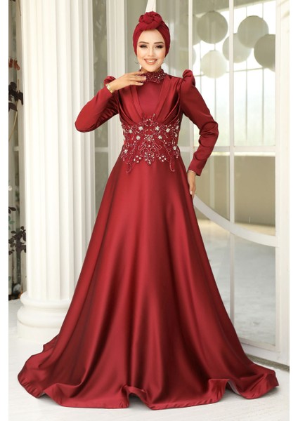 Tesettürlü Abiye Elbise - Boncuk Işlemeli Bordo Saten Tesettür Abiye Elbise 22640br