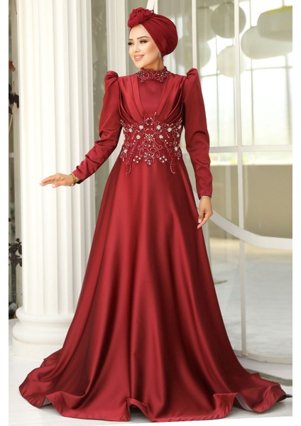 Tesettürlü Abiye Elbise - Boncuk Işlemeli Bordo Saten Tesettür Abiye Elbise 22640br fiyatları