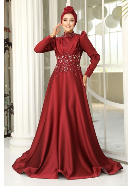 Tesettürlü Abiye Elbise - Boncuk Işlemeli Bordo Saten Tesettür Abiye Elbise 22640br modelleri