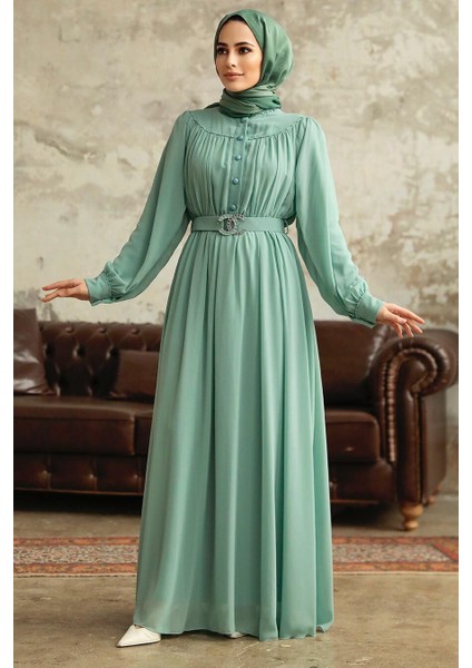 - Düğmeli Mint Tesettür Elbise 33284MINT