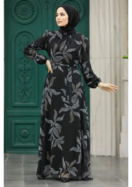 Yaprak Desenli Siyah Tesettür Elbise 279310S