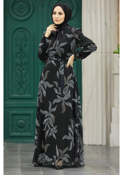 Yaprak Desenli Siyah Tesettür Elbise 279310S fiyatları
