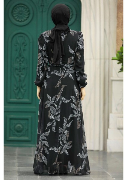 Yaprak Desenli Siyah Tesettür Elbise 279310S modelleri