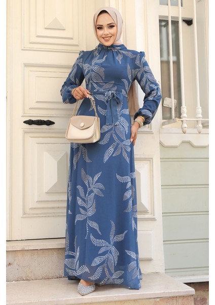 Yaprak Desenli İndigo Mavisi Tesettür Elbise 279310IM fiyatları