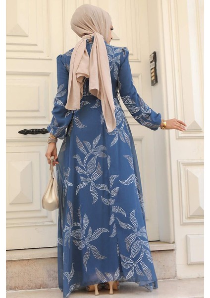 Yaprak Desenli İndigo Mavisi Tesettür Elbise 279310IM modelleri