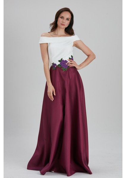 Abiye Elbise Pelerinli Mürdüm Saten Bulava Abiye Elbise 4449MU