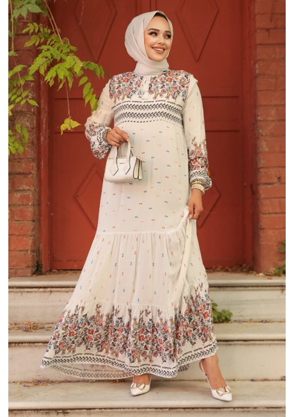 - Desenli Ekru Tesettür Elbise 50095E