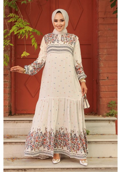 - Desenli Ekru Tesettür Elbise 50095E fiyatları