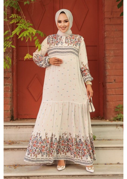 - Desenli Ekru Tesettür Elbise 50095E modelleri