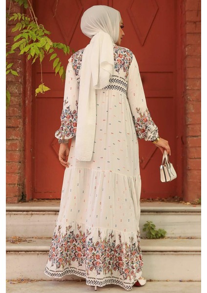 - Desenli Ekru Tesettür Elbise 50095E fırsatları