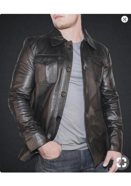 Hakiki Deri Gomlek Yakali Siyah Erkek Deri Blazer Ceket