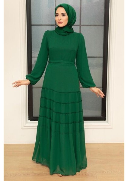Piliseli Yeşil Tesettür Elbise 5712Y