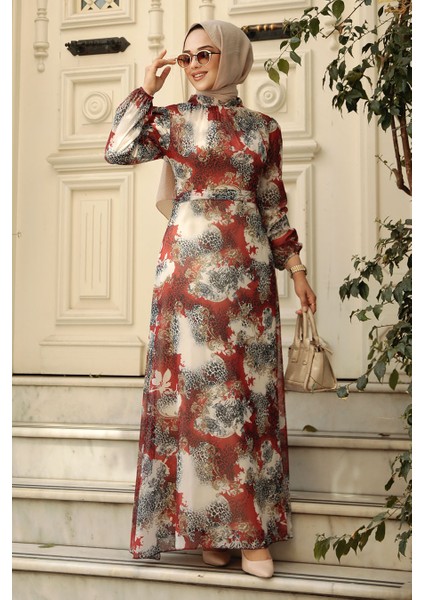 Çiçek Desenli Kiremit Tesettür Elbise 27944KRMT
