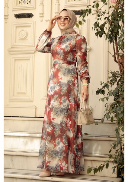 Çiçek Desenli Kiremit Tesettür Elbise 27944KRMT fiyatları