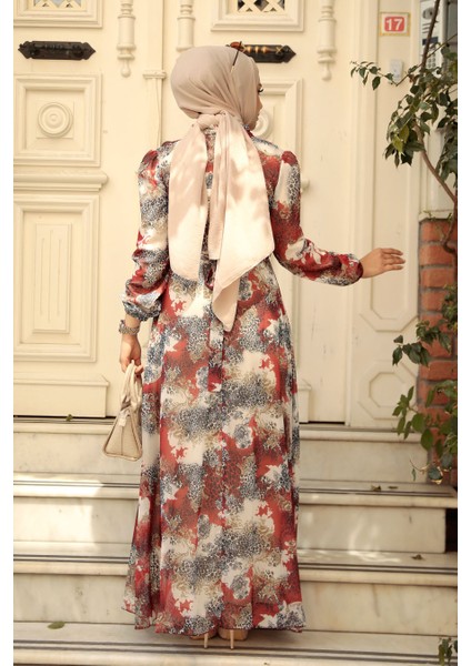 Çiçek Desenli Kiremit Tesettür Elbise 27944KRMT modelleri